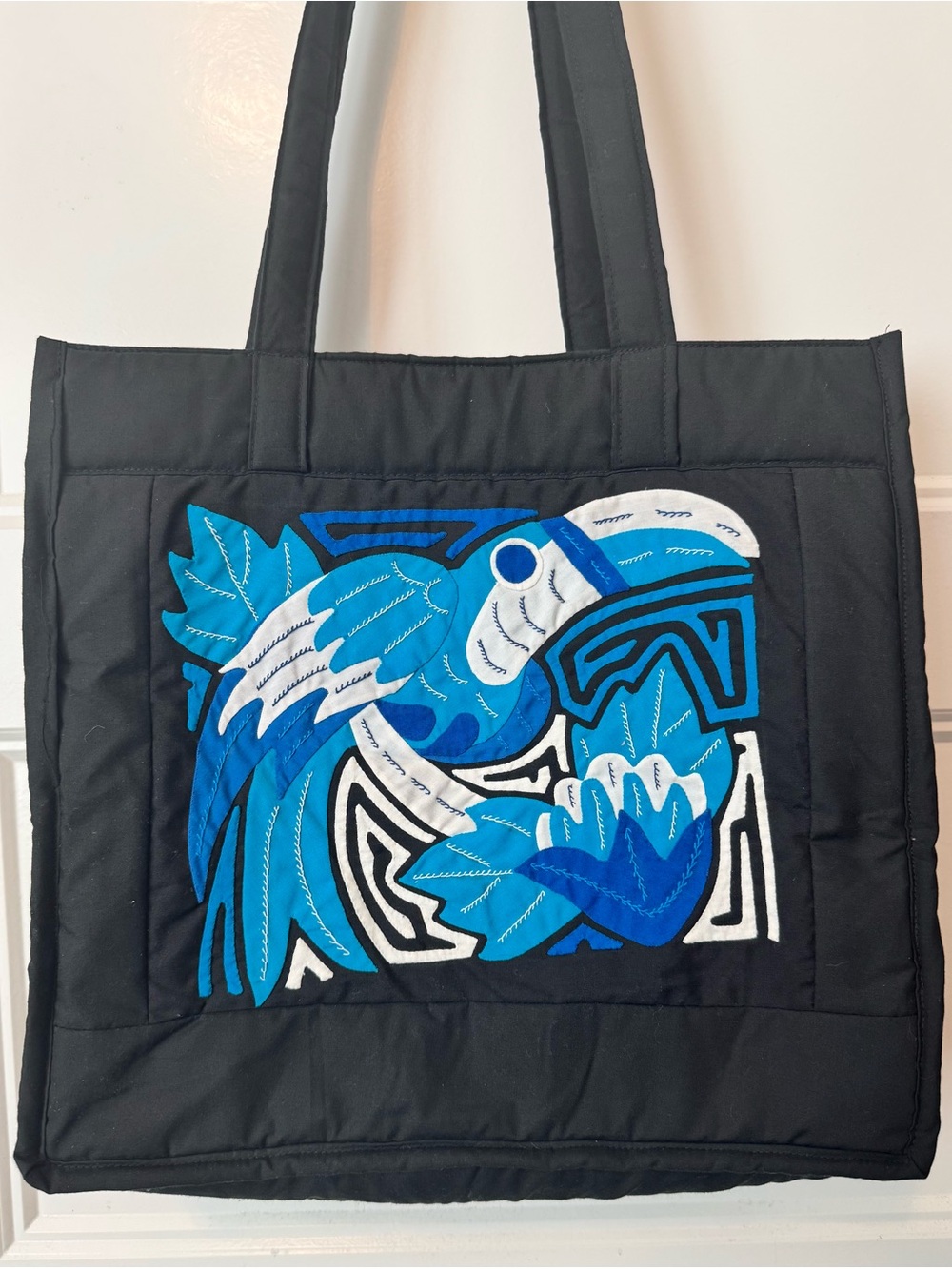 Artisan Toucan Bird Applique Tote Bag Black Quilted Shoulder Bag Tropical
